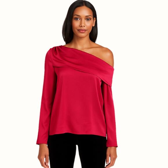 WHBM Cherry Red Off Shoulder Satin Blouse Excellent Condition Size 2 - Picture 1 of 7